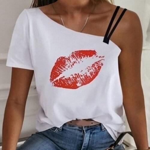 Summer Women T Shirt One Shoulder Sexy Lips Print Short Sleeved Diagonal Collar Fashion Casual Female T Shirt