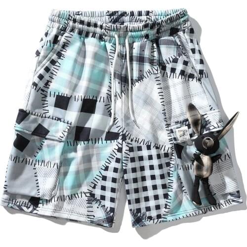 Fashion Couple Clothing Muppet Decoration Color Patchwork Plaid Short Pants Summer Men Women Casual Loose Knee Length Trousers