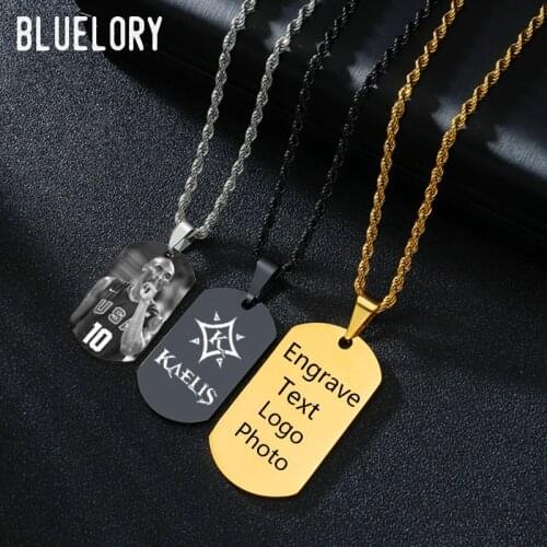 Bluelory Engraved Text Photo Logo Square Pendant Men Necklace Punk Stainless Steel Twist Chain Customized Jewelry For Boyfriend