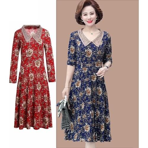 New Spring Autumn Long-sleeve Casual Dress Middle-aged Womens Fashion Long Plus size Dresses floral Loose Pullover Dresses 5XL