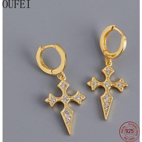 OUFEI 925 Sterling Silver Drop Earrings Simple Fashion Cross Earrings For Women Geometric Rhinestone Earrings Silver Jewelry
