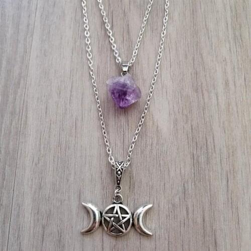 Triple Moon Goddess of The Moon Pentagram Natural Stone Pendant Necklace Witch Pagan Mysterious Gothic Womens Gift