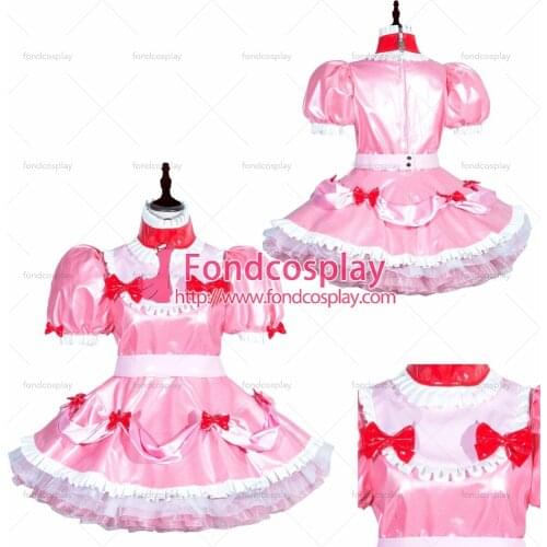Fondcosplay adult sexy cross dressing sissy maid short French Lockable Baby Pink shiny leather dress Tailor-made[G3996]