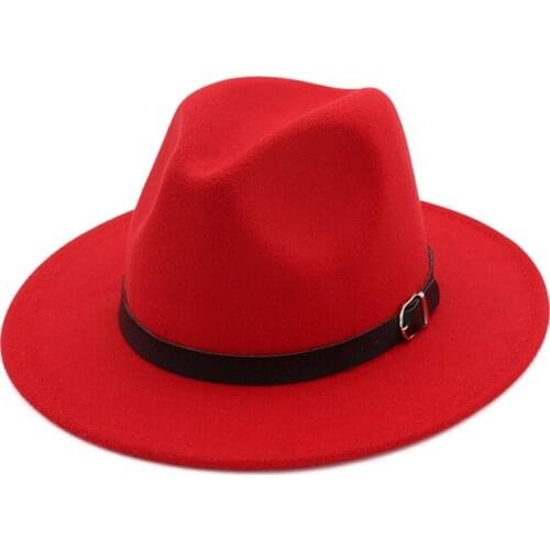 Women Men Woolen Felt Fedoras Hat with Belt Buckle European US Welcomed Flat Brim Jazz Hat Formal Party Trilby Hat Autumn Winter
