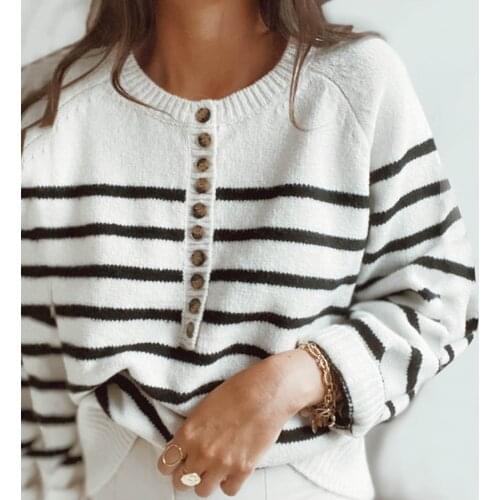 Loose Sweater Women Buttons Round Neck Stripe Autumn Winter Pullover Female Knitted Sweater Streetwear Casual Pull Femme Jumper