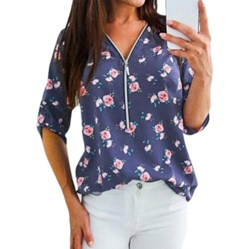 Women Blouse Zipper V Neck Vintage Floral Dot Print Comfy Female Shirts Half Sleeve Casual Lady Blouses Shirt Pullover Top