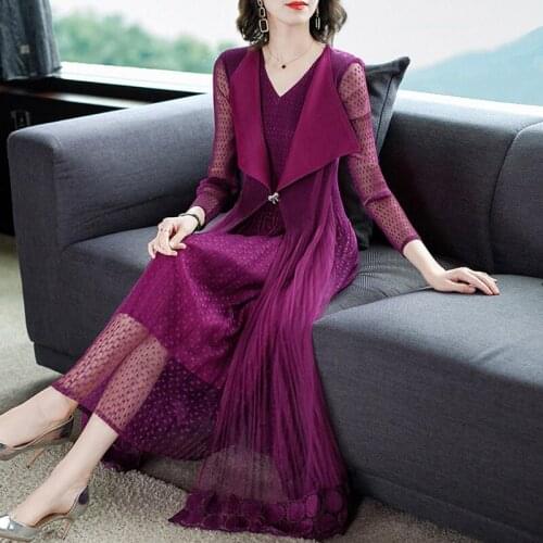 Womens Clothing 2020 New Trench Coat Dress Temperament Fashion Trend Fake Two-piece Set Elegant Lace Patchwork Runway Robe K412
