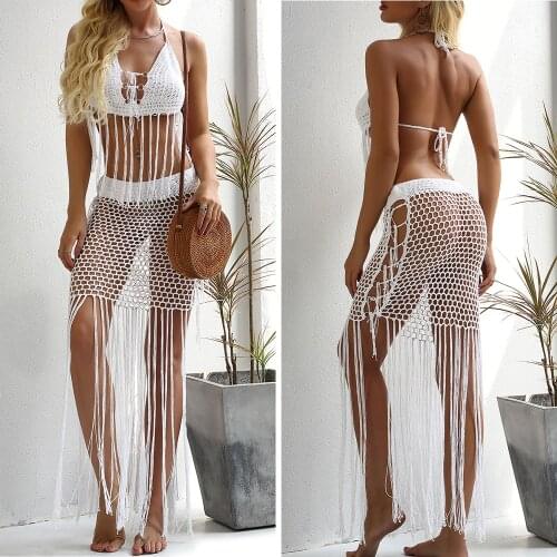Hot Boho Women Sexy Handmade Crochet Bikini Set Knitted Handmade Beach Swimwear Halter Long Tassel Swimsuit Female