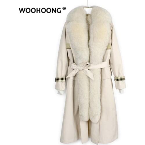 Winter Real Fur Coat Natural Fox Jacket Woman Parkas Real Hair Rex Rabbit Liner Trench Coat Fox fur collar