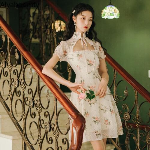 Chinese Style Summer Women Mini Dress Stand Collar Apricot Dot Floral Dress Gorgeous Vintage Elegant Chiffon Dress With Lining