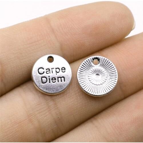 10pcs Antique Silver Color Tone 12x12mm Round Carpe Diem Tag Charms Pendant For Jewelry Making DIY Jewelry Findings