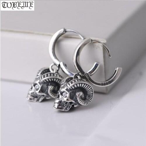 100% 925 Silver Skeleton Earrings Thai Silver Skull Earrings Real Silver Punk Man Earrings Jewelry Gift