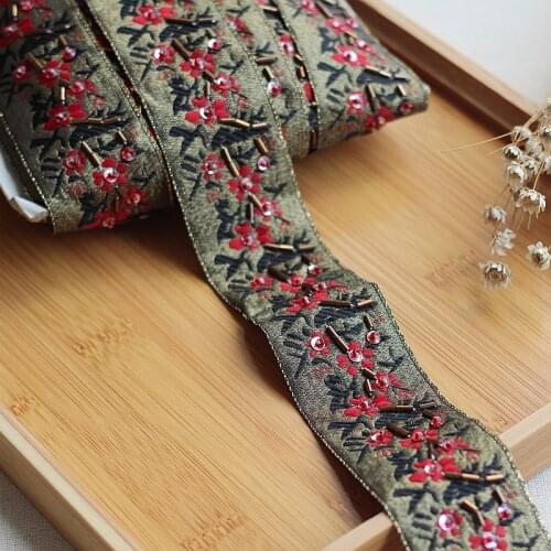 2yard Gold + Red + black High Quality Hand Made Beaded Sequined Wedding Lace Trim Embroidered Retro Lace Bridal lace Fabric