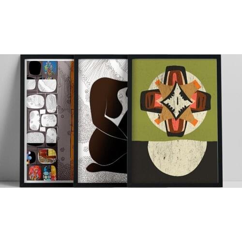 African Ethno motive Print, Abstract Set of 3 Prints, Modern Black Wall Art, Portrait of a mother with a child, Contemporary col