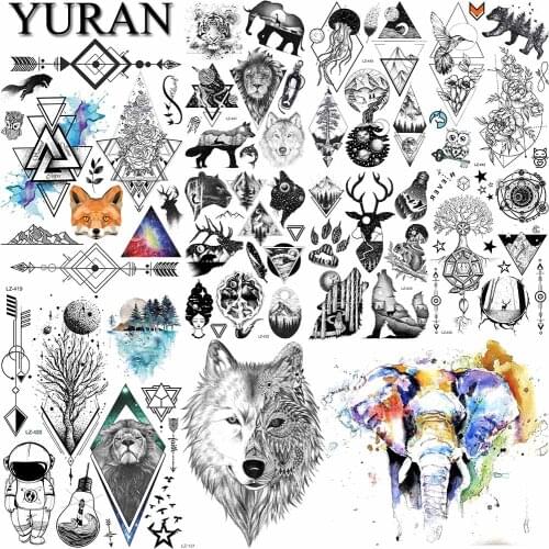 Watercolor Elephant Black Animals Geometric Large Floral Temporary Tattoos Wolf Men Arm Tattoo Stickers Tree Wrist Women Tatoos