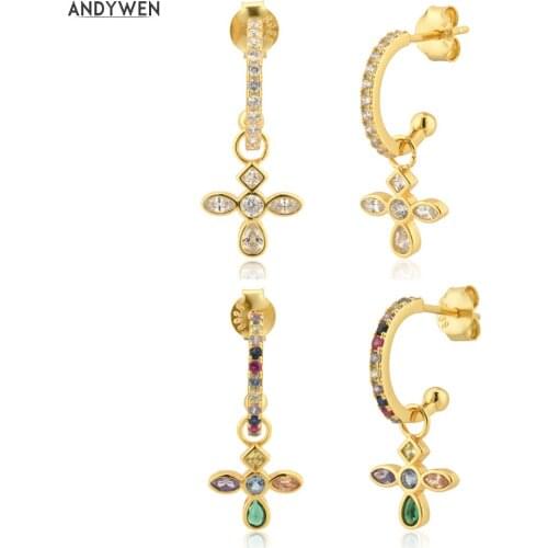 ANDYWEN 925 Sterling Silver Spring Gold Clear Zircon Charm Cross Rainbow Drop Earring Gift Jewelry 2021 Fine Jewellry Clip