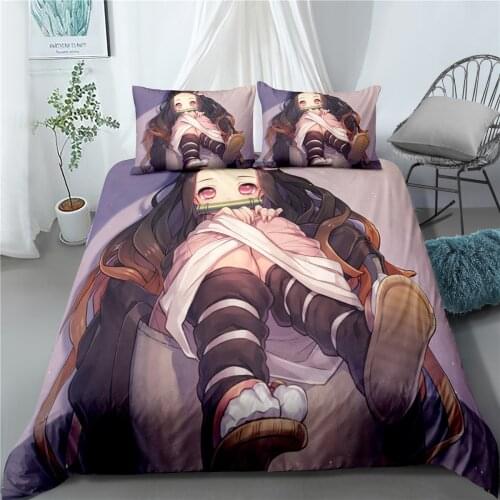 Anime Kimetsu No Yaiba Bedding Set Demon Slayer 3D Cartoon Duvet Cover Set Soft Bed Linens Bedclothes Twin Full Queen King Size