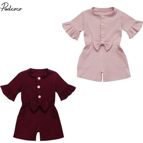 2020 Baby Spring Autumn Clothing Toddler Baby Girls Bow Romper Ribbed Solid Jumpsuit Sunsuit Clothes Overall Outfits