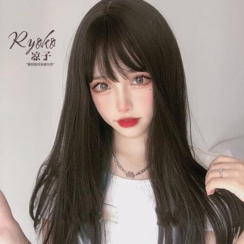 Long Straight Hair Black Synthetic Lolita Wigs with Bangs for Girl Fashion Female Cosplay Party Christmas Wigs Free Gifts