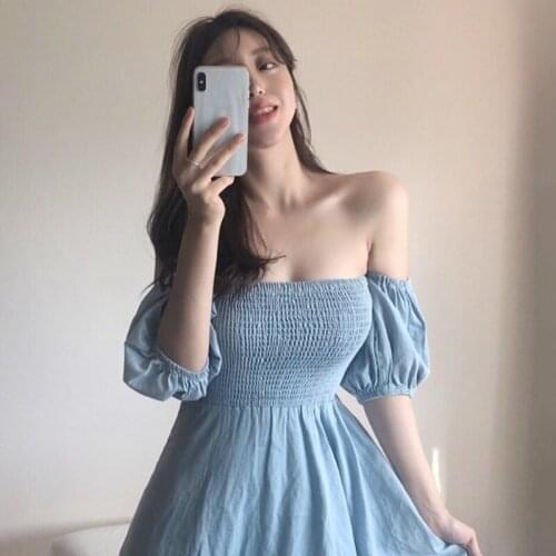 Korean Chic Temperament, Light Mature Style, One-Neck Strapless Folds Waist Puff Sleeve Thin Denim Dress Women