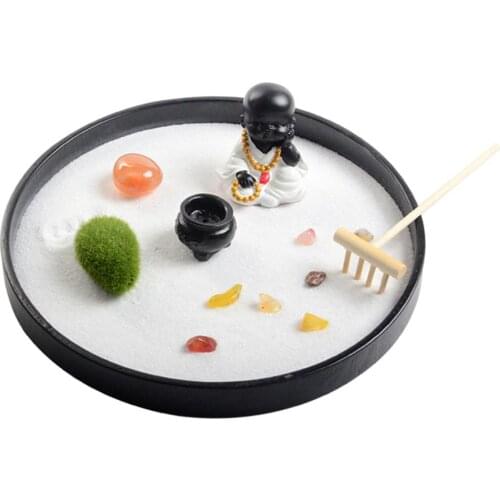 Round Mini Garden W/Figurines Wood Desktop Meditating Sandbox Dia 8.2"