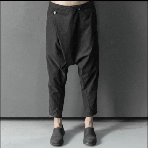 M-4xl Original Design Autumn Men Pleated Patchwork Large Crotch Pants Cotton Loose Casual Eight Points Pants Middle Waist Pants