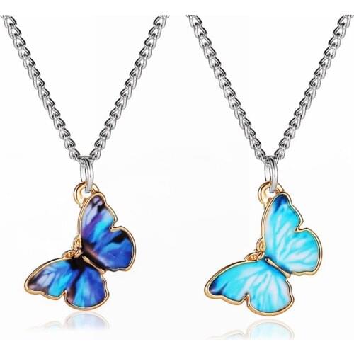 Fashion Korean Blue Gradient Butterfly Necklace for Women Girls Silver Color Butterflies Pendant Choker Necklaces Jewelry Gift