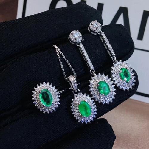 Fashion Diana round Natural green emerald gem jewelry sets natural gemstone ring Pendant Earrings 925 silver women gift jewelry