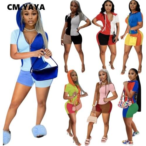 CM.YAYA Fashion Patchwork Womens Set Outfits Acitve Short Sleeve Hooded Tops and Shorts Two Piece Set Sport Tracksuit Sweatsuit