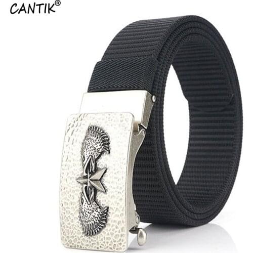 CANTIK Fashion Design Double Eagles Sliver Automatic Buckle Quality Black Canvas Nylon Belts Men Accessories 35mm Width CBCA254