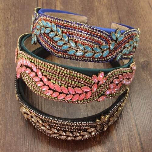 New Vintage Handmade Pink Blue Crystal Full Colorful Rhinestones Headdress Flower Luxury Headpiece Accessories For Women Wedding