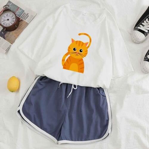 Sleepwear Women Pajama Sets Homewear Pajama Nightwear Women Set Nightwear Shorts Short Sleeve O Neck T Shirt Cute Cat Suit