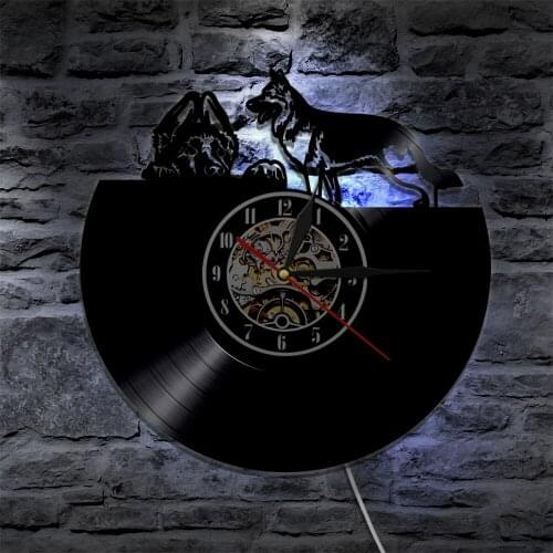 Dogs Animals Vinyl Clock Wall Light Led Vintage Record Lamp Cool Living Room Interior Silhouette Decor Art Handmade Gift