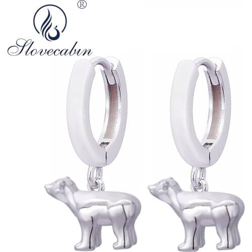 Slovecabin Real 925 Sterling Silver No Stone Cute Bear Hoop Earrings For Women Party Animal Hanging Femme Luxury Jewelry Making