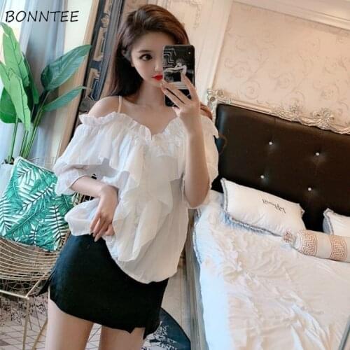 Short Sleeve T-shirts Summer Sling Off Shoulder Solid Ruffles Elegant Female 2020 Summer Ulzzang Womens Korean Style Chiffon New