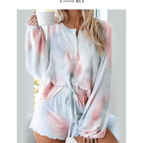 Spring and summer women fashion loose tie-dying print soft fleece pajama set female trendy color comfortable sleepwear suit