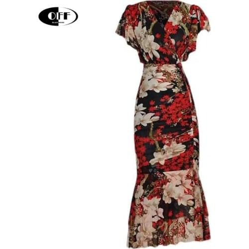 Designer Runway Party Evening Sexy V-neck Bodyocon Mermaid Midi Dresses For Women Summer Elegant Floral Traf Slinky Dress Female