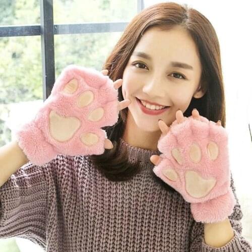 1@# Halloween Womens Girls Cosplay Women Bear Plush Cat Paw Claw Gloves Winter Faux Fur Cute Kitten Fingerless Mittens Gloves