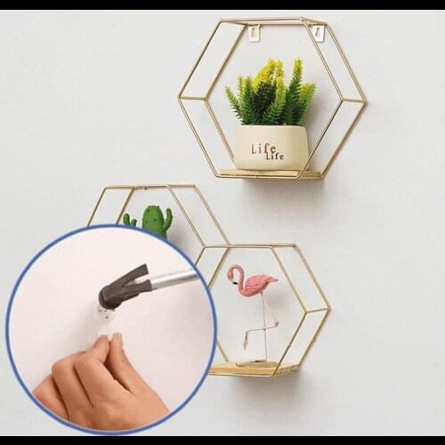 2021 Morden Nordic Hexagonal Iron Stand Small Pot Wall Shelving Holder Home Shelf Storage Holder Decorative Shelves