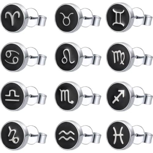 AOEDEJ 12 Constellation Stud Earrings 316L Stainless Steel Earrings Punk Rock Ear Piercing Jewelry Hip Hop Earring for Men Women