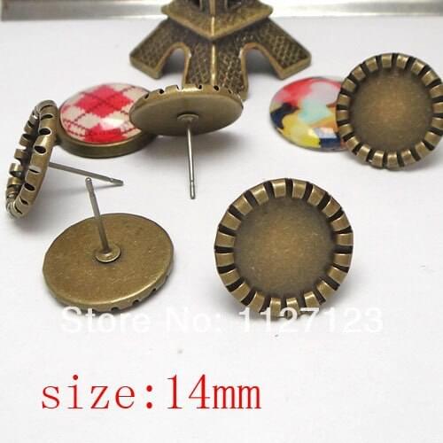 Free ship! Antique bronze 200pcs with 14mm crimping Earring Post and Stopper Earring Base Cameo Setting