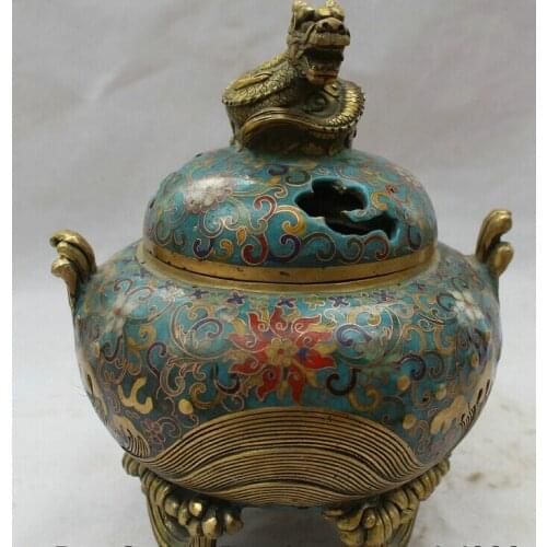 FREE SHIPPING S2022 9" Chinese Dynasty Cloisonne Bronze Gild 3 Foot dragon Incense Burner Censer
