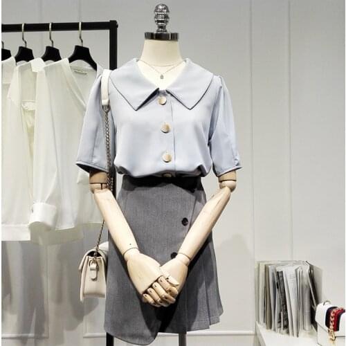 Womens Spring Summer Runway Fashion Blue Chiffon Shirt Female Casual Loose Office Lady Basic Blouse Tees Tops TB1682