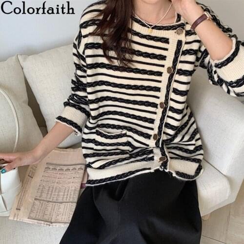 Colorfaith New 2021 Womens Autumn Winter Sweaters Elegant Cardigans Striped Fashionable Irregular Vintage Lady Tops SWC1566JX
