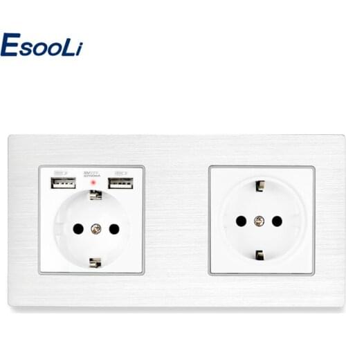 Esooli 16A EU Standard Multi Way Power Socket Plug Grounded Electrical Socket with usb outlet Aluminum Metal Panel Socket