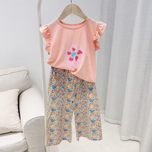 Girls set cotton Spring summer new girls sweet orange pink flower blouse floral eight-point wide-leg pants set