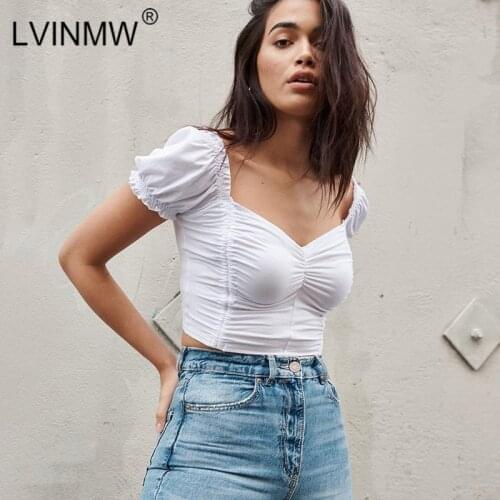 LVINMW Fashion Solid White Ruffles Ruched Slim Crop Tops Women Puff Short Sleeve Slash Neck T Shirts Female Sexy Streetwear