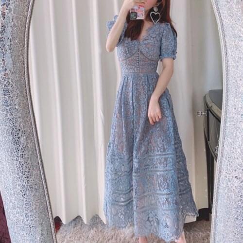 Fashion Designer Vintage Dresses Women 2021 Lace Patchwork Short Sleeve Elegant High Quality Blue Red Dress