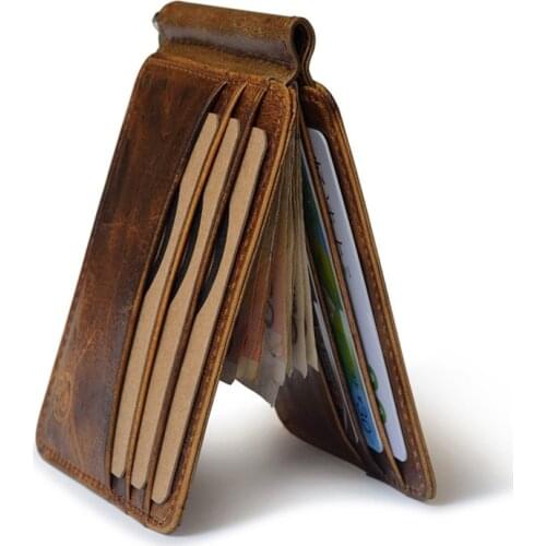 New Vinatge Mens Genuine Leather Wallet Small Purse Slim Card Case Slim Holder For Money Cash Metal Clamp