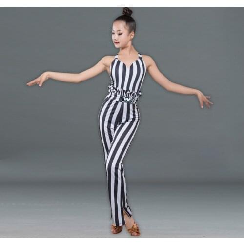 Latin Dance Dress Tango Rumba Cha Cha Samba Wear Children Latin Practice Costumes Fashion Striped Suspender Pants Suit DN6017